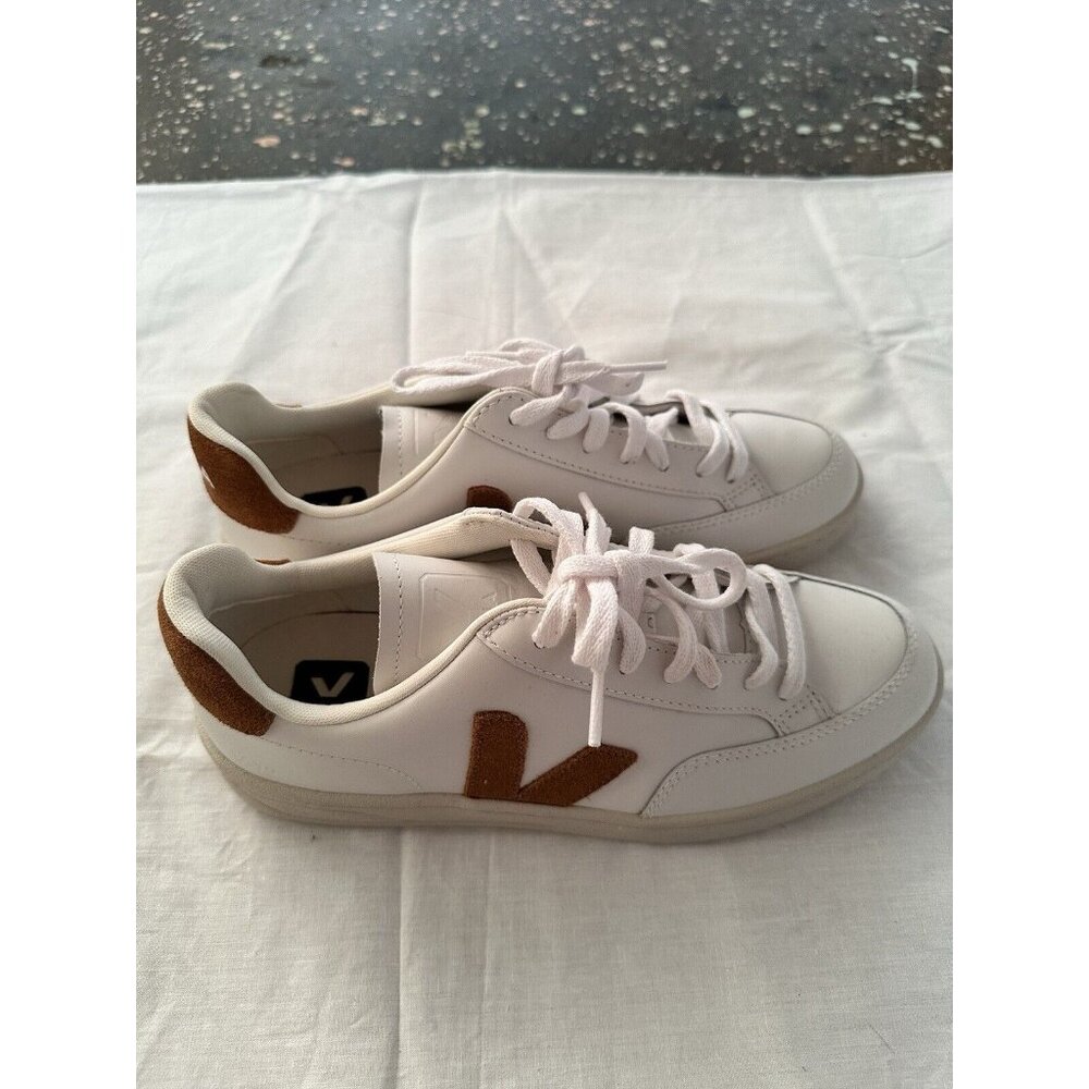 Veja White Leather Sneakers with Brown Suede V Accent